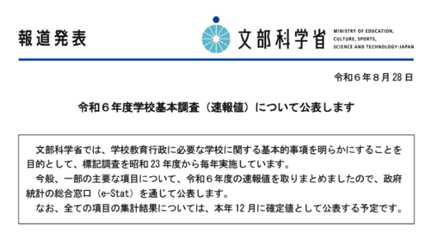 令和6年度学校基本調査（速報）公表-文部科学省