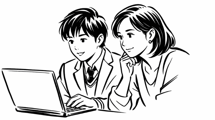 学校公式ホームページを見る中学生と保護者